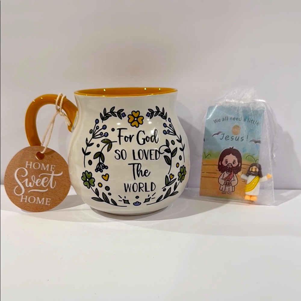 Bible Quote Inspirational Mug - Yellow and White. Jesus Figure